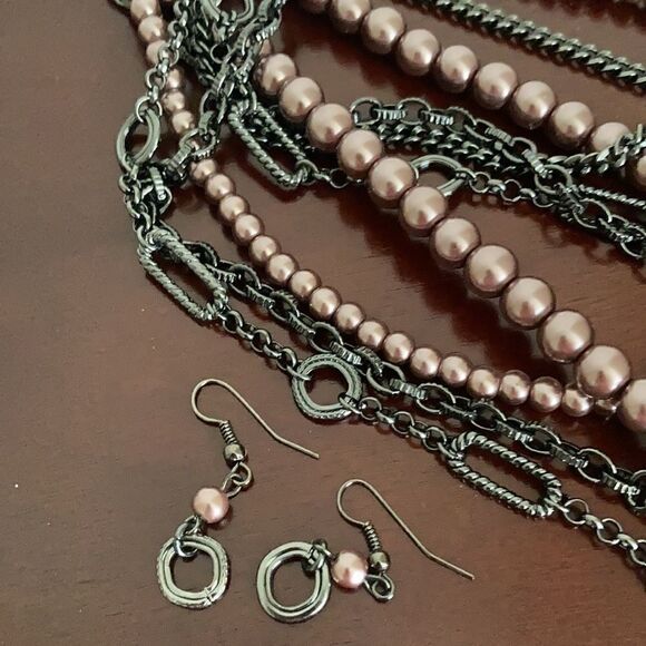 Vintage chain and faux pearl 5 strand necklace with matching earrings EVC - Picture 8 of 8